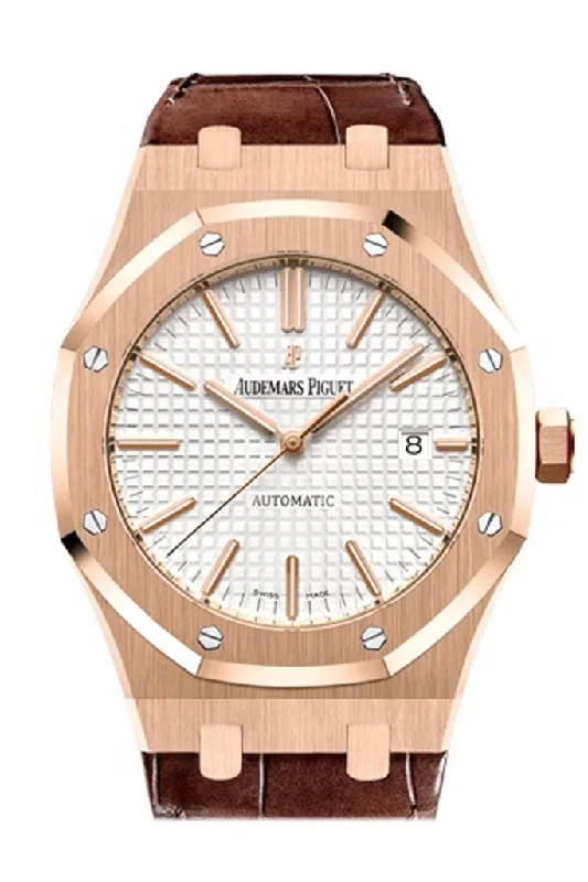 Audemars Piguet Royal Oak 41mm Silver-toned dial Pink Gold Brown Alligator Strap Watche 15400OR.OO.D002CR.01