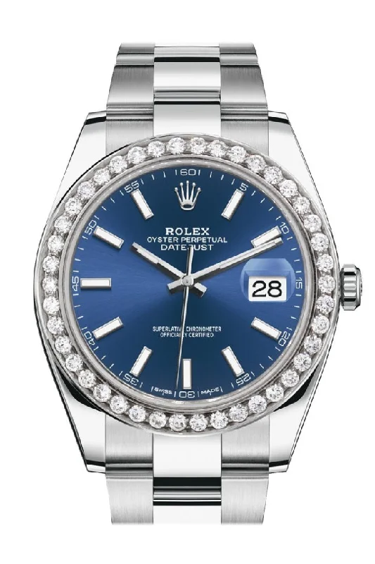 Rolex Custom Diamond Bezel Datejust 41mm Blue Dial Steel Oyster Men's Watch 126300