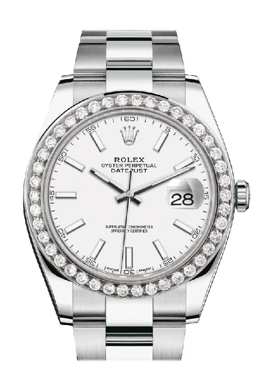 Rolex Custom Diamond Bezel Datejust 41mm White Dial Steel Oyster Men's Watch 126300