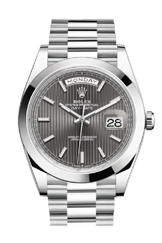 Rolex Day-Date 40 Dark Rhodium Stripe Motif Dial Dome Bezel Platinum President Automatic Men's Watch 228206 DC