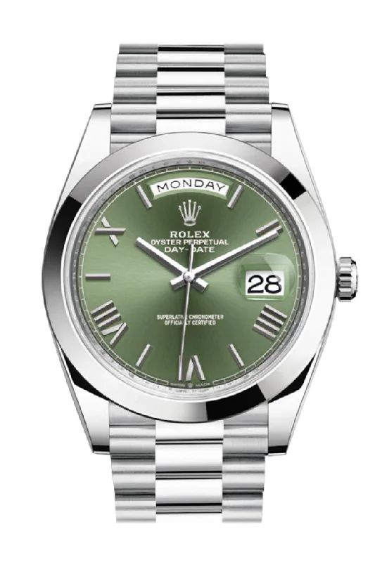 Rolex Day-Date 40 Olive Green Roman Dial Dome Bezel Platinum President Automatic Men's Watch 228206 DC