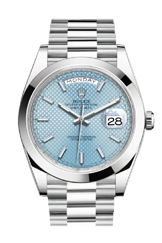 Rolex Day-Date 40 Ice blue Diagonal Motif Dial Dome Bezel Platinum President Men's Watch 228206 DC