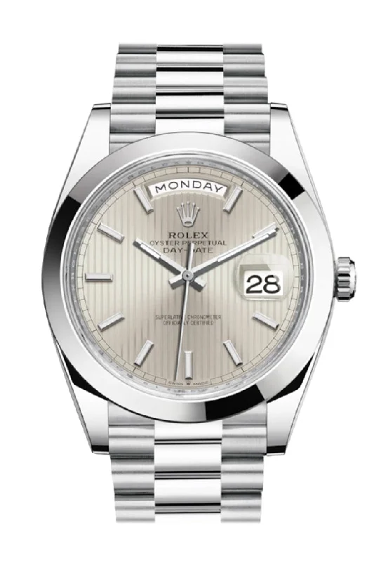 Rolex Day-Date 40 Silver Stripe Motif Dial Dome Bezel Platinum President Automatic Men's Watch 228206 DC